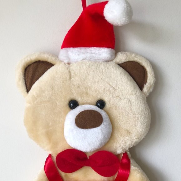 Vintage Plush Teddy Bear Christmas Stocking with Santa Hat - Picture 3 of 8